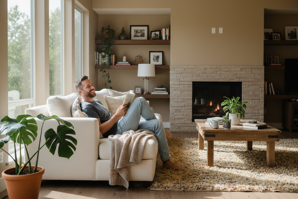 ein mann der zuhause glücklich ist